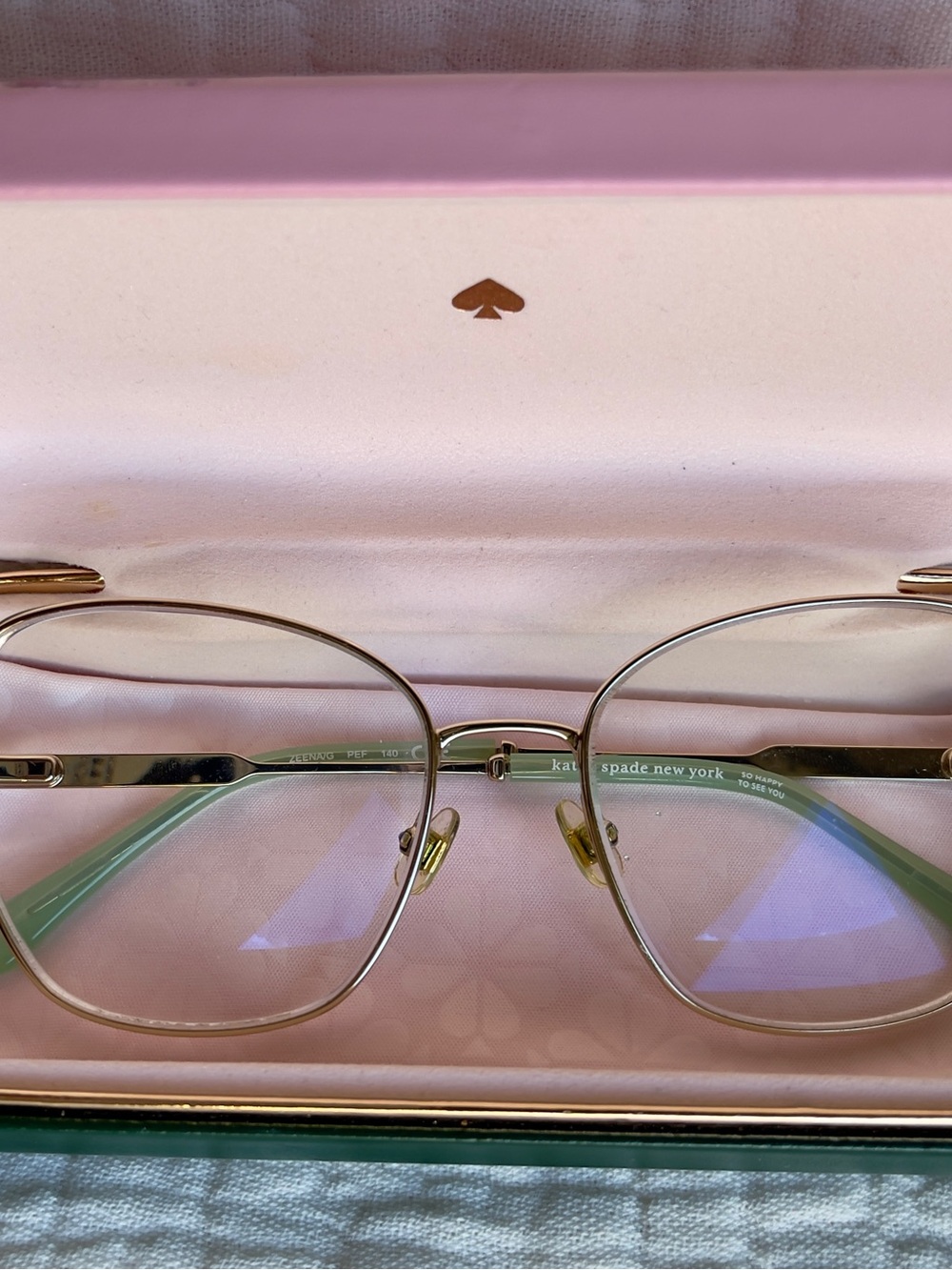 kate spade Gold Frame Eyeglasses with Mint Temples and Pink Case